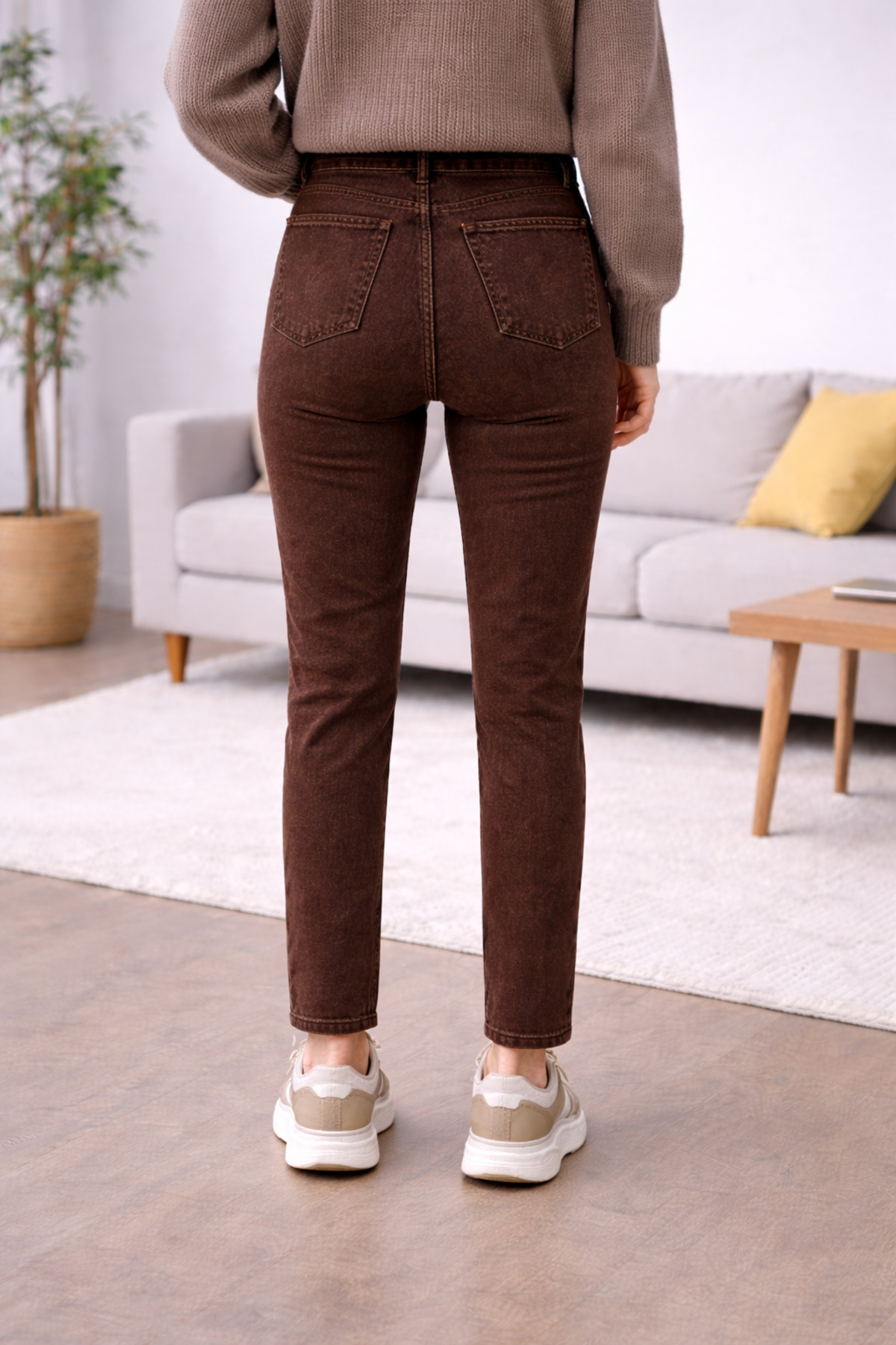 DELDNM  Line Kadın Kahverengi Yüksek Bel Likralı Trend Mom Jean - Görsel 2