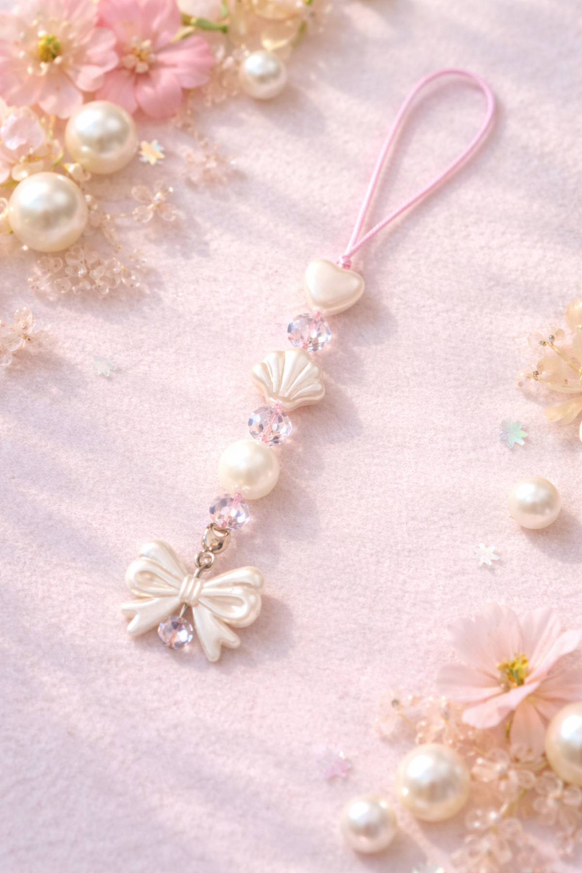 Y2K Pearl & Bow Detailed Phone Charm | Camera · Thermos · Bag Compatible | Stylish Handmade Accessory