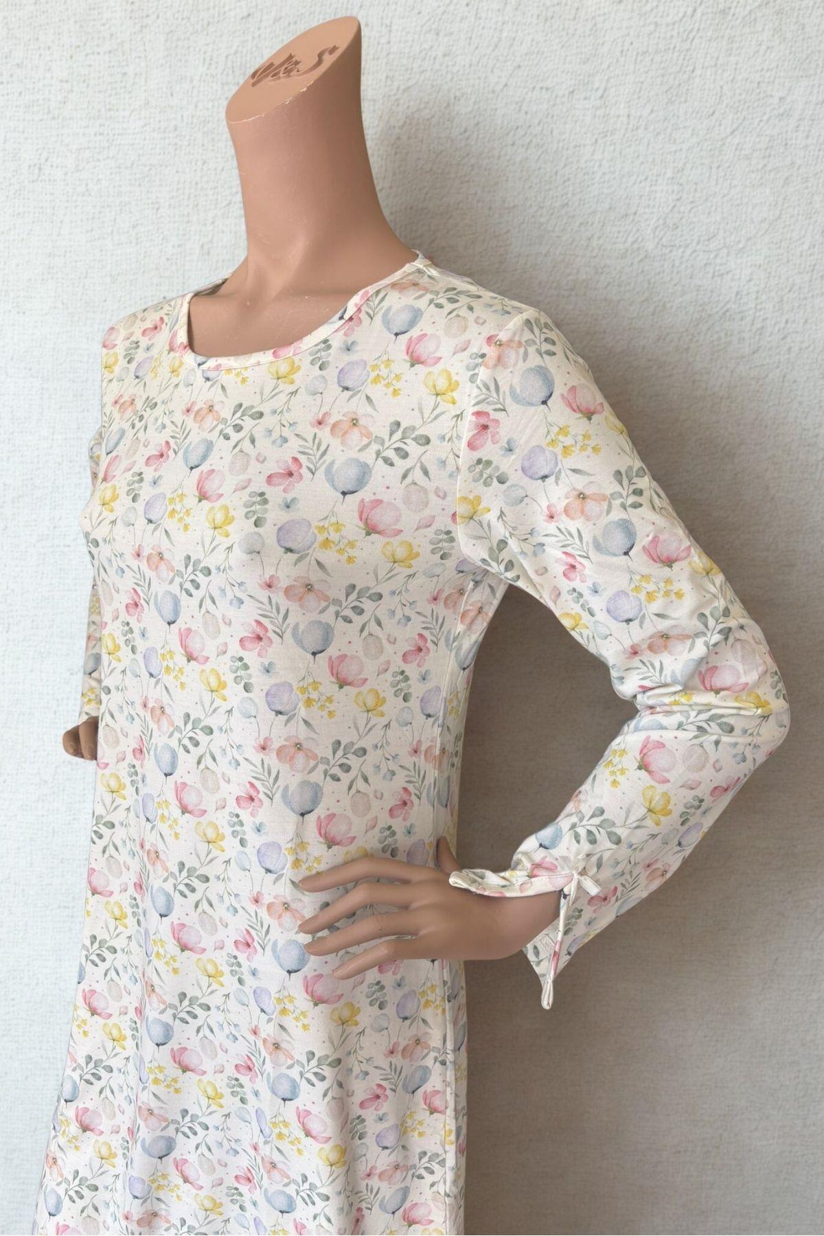 Villager&Son Vs Desenli O Yaka Penye U.kol Gecelik 26k Evm Krem Çiçek Desenli