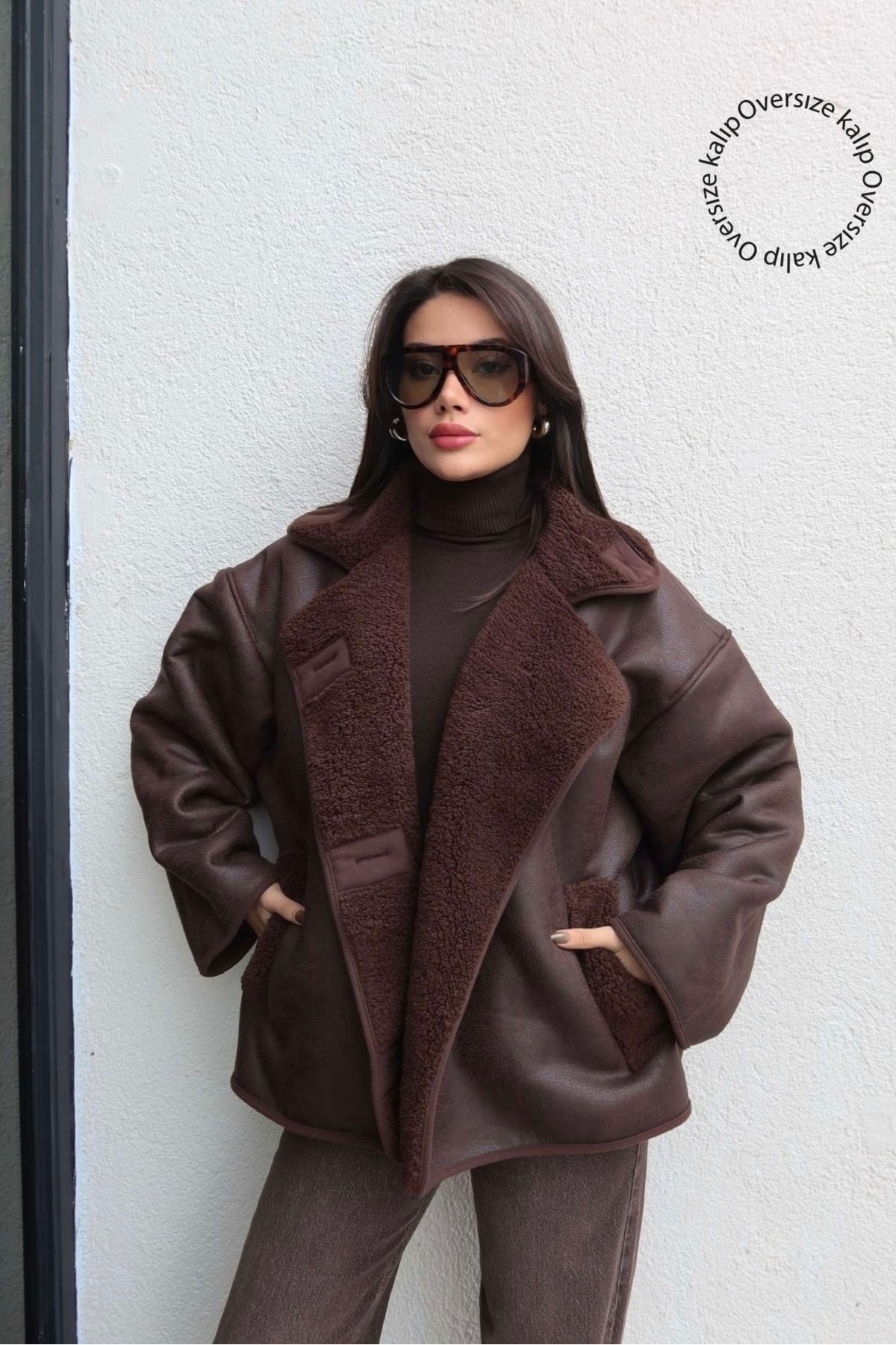 gm giyimarket  Kadın Süet Deri Içi Peluşlu Oversize Model Mont Ceket