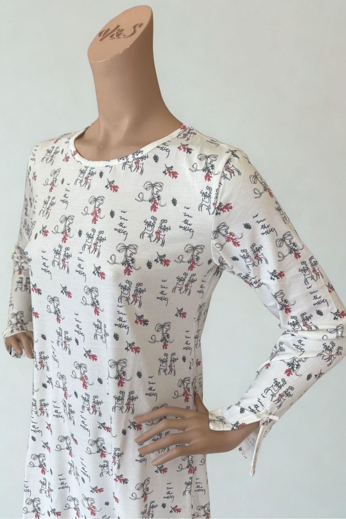 Villager&Son Vs Desenli O Yaka Penye U.kol Gecelik 26k Evm Beyaz Geyik desenli