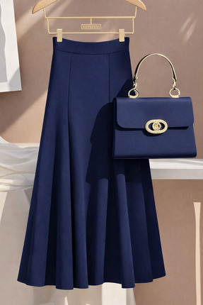 deafox Lacivert Yüksek Bel A Kesim Fermuarlı Pileli Krep Kumaş Uzun Etek