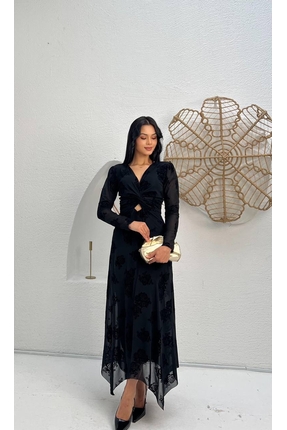 MY GRS GÖĞÜS PENCERELİ ÇİÇEK DESENLİ FLOK BASKI ELBİSE