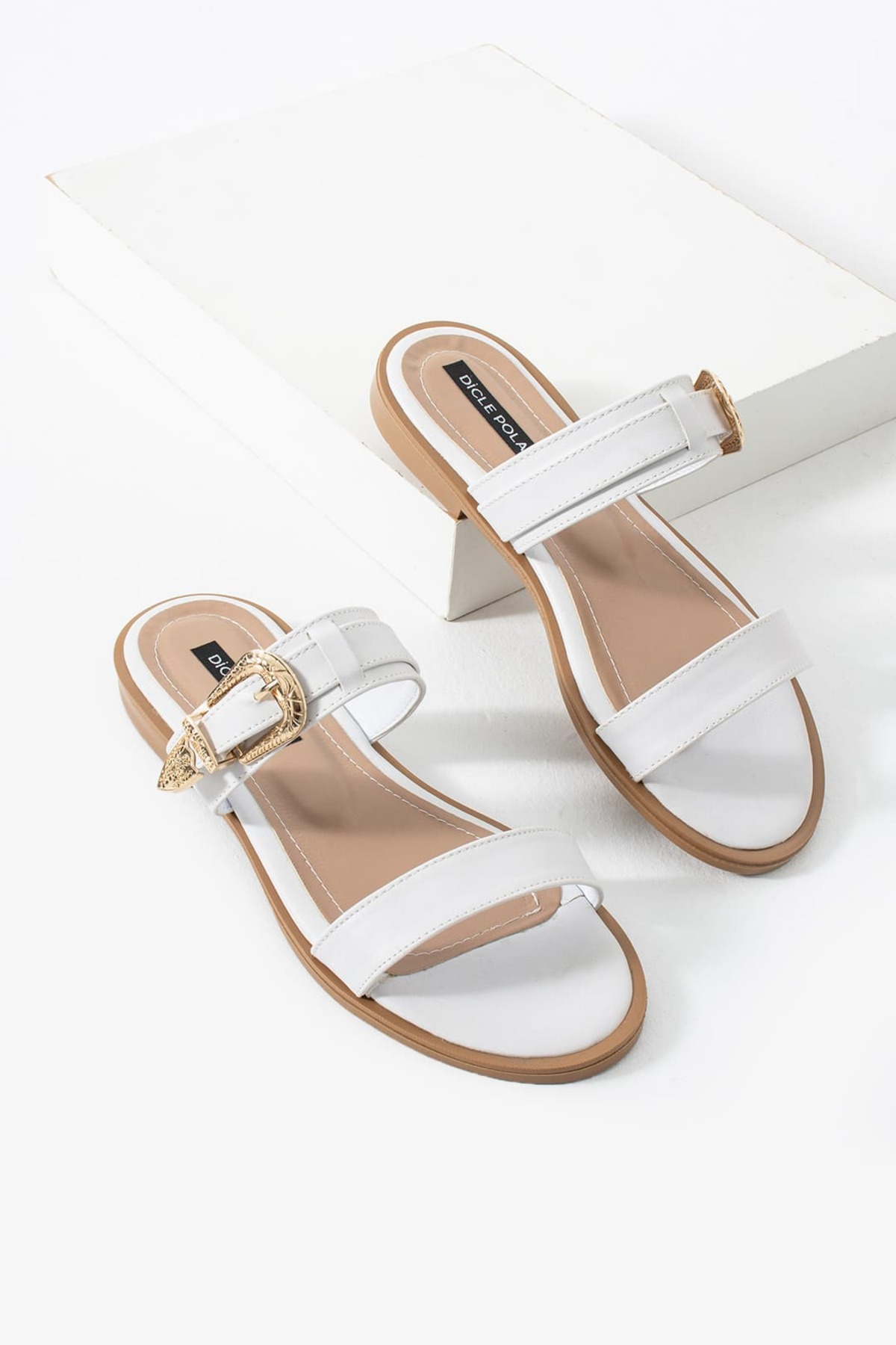 Women's Double Band Buckle Casual Slippers Ayrep White