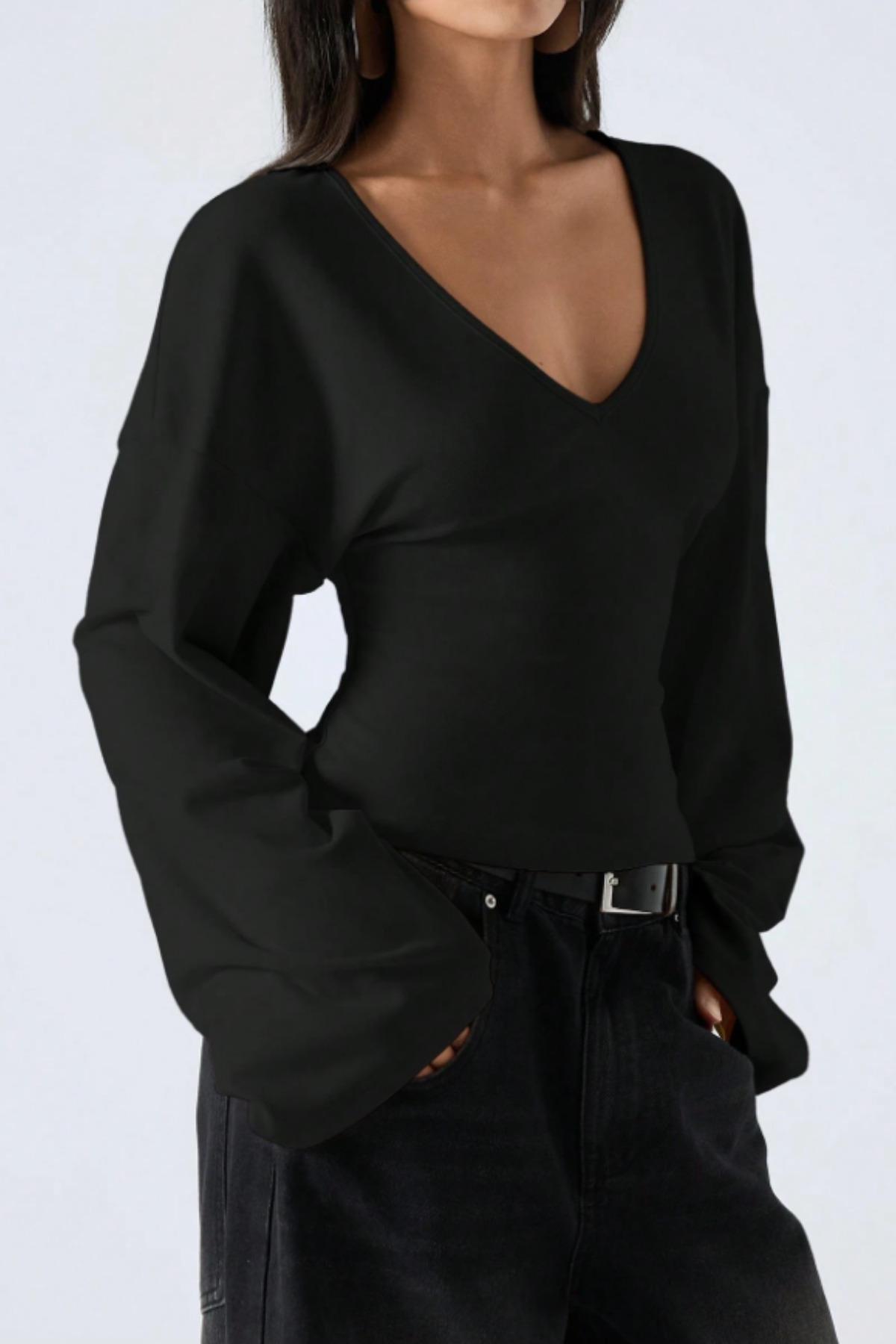 Tarz Cool  Kadın V Yaka Uzun Kollu Belden Oturtmalı Bluz