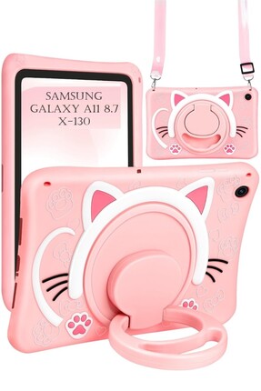 TEKNETSTORE Galaxy Tab A11 8.7 inç Sm-x130 Uyumlu Pembe Kedi Çocuk Kılıfı Ask...