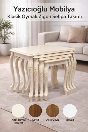 Zigon Yazıcıoğlu Mobilya Klasik Oymalı Sehpa Takımı – Lake Boyalı, El İşçiliği