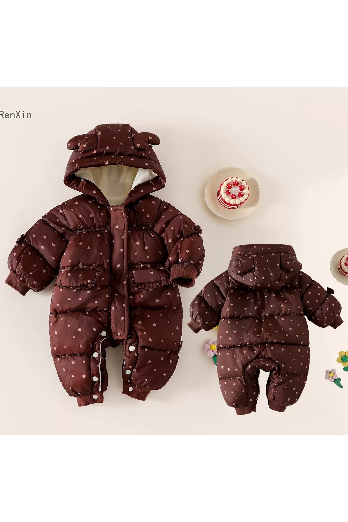 melisam.msg Kız Bebek Kalp Desenli Şişme Tulum Kalın Sevimli Polarlı Astar fotoğrafı 3 (önizleme)