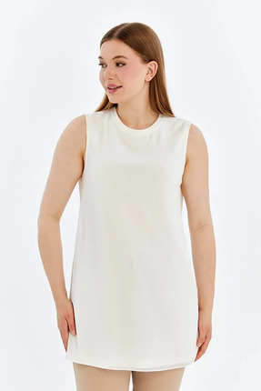 BETES Kadın Tesettür Kolsuz Ekru Önü Tül Şifon Likralı İçlik Bluz Tunik