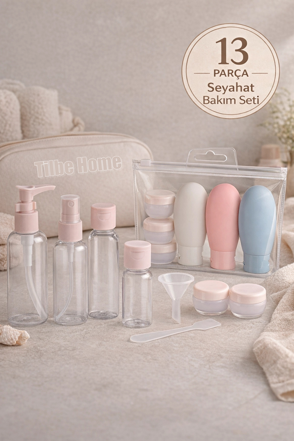 13 Parça Seyahat Bakım Seti Krem Şişeleri Dezenfektan Şişeleri Taşıma Çantalı — P4382S4914 — تصویر 2 از 3