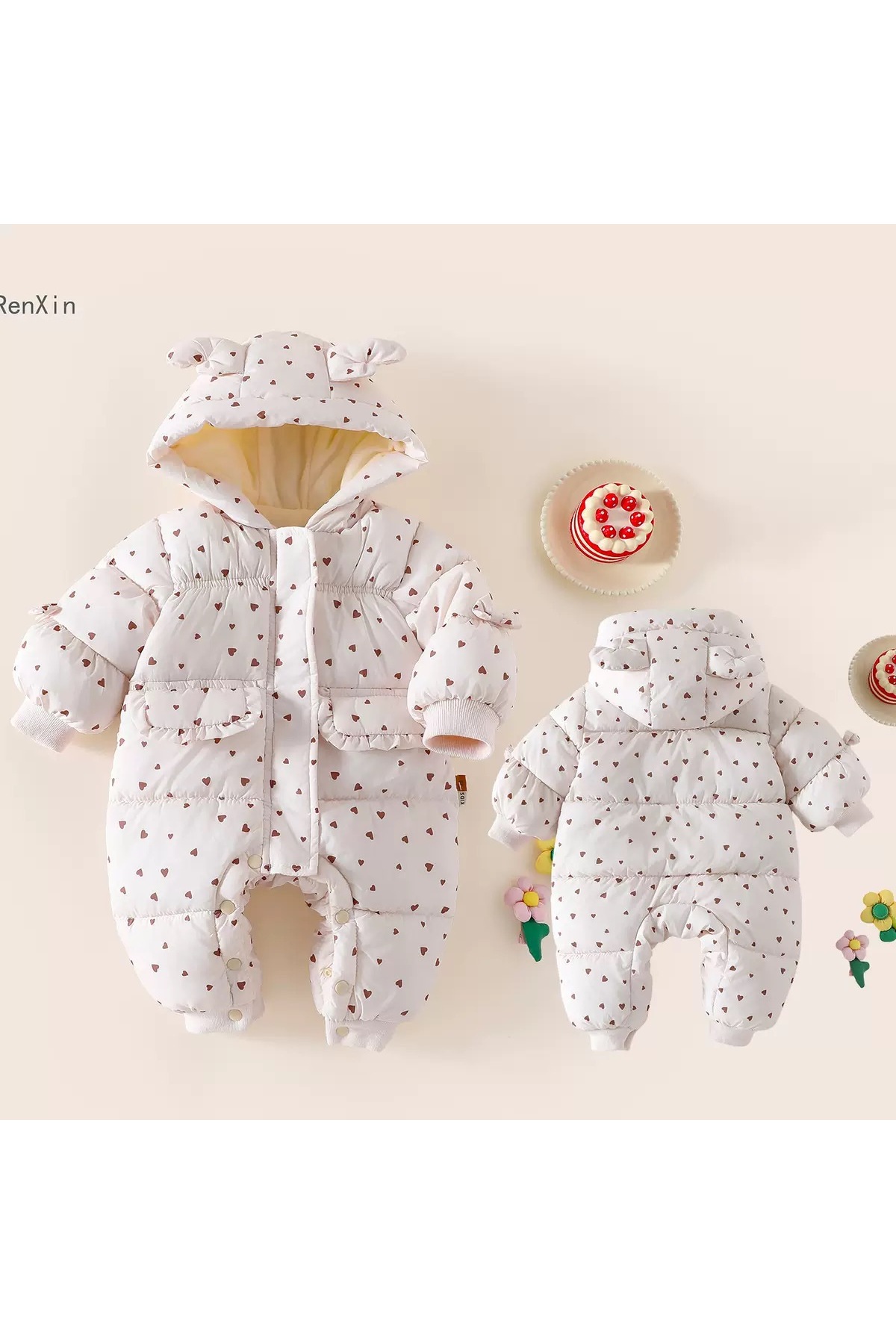 melisam.msg Kız Bebek Kalp Desenli Şişme Tulum Kalın Sevimli Polarlı Astar fotoğrafı 3 (önizleme)