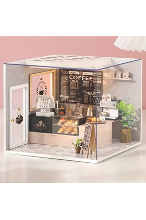 WoodenThings Wide Coffee Shop Mini Diorama – LED’li Dekoratif Minyatür Kafe M...