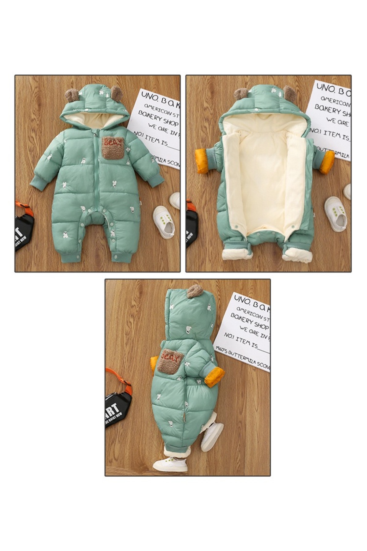 melisam.msg Kız Erkek Bebek Ayı Nakışlı Şişme Tulum Kalın Sevimli Polarlı Astar fotoğrafı 2 (önizleme)