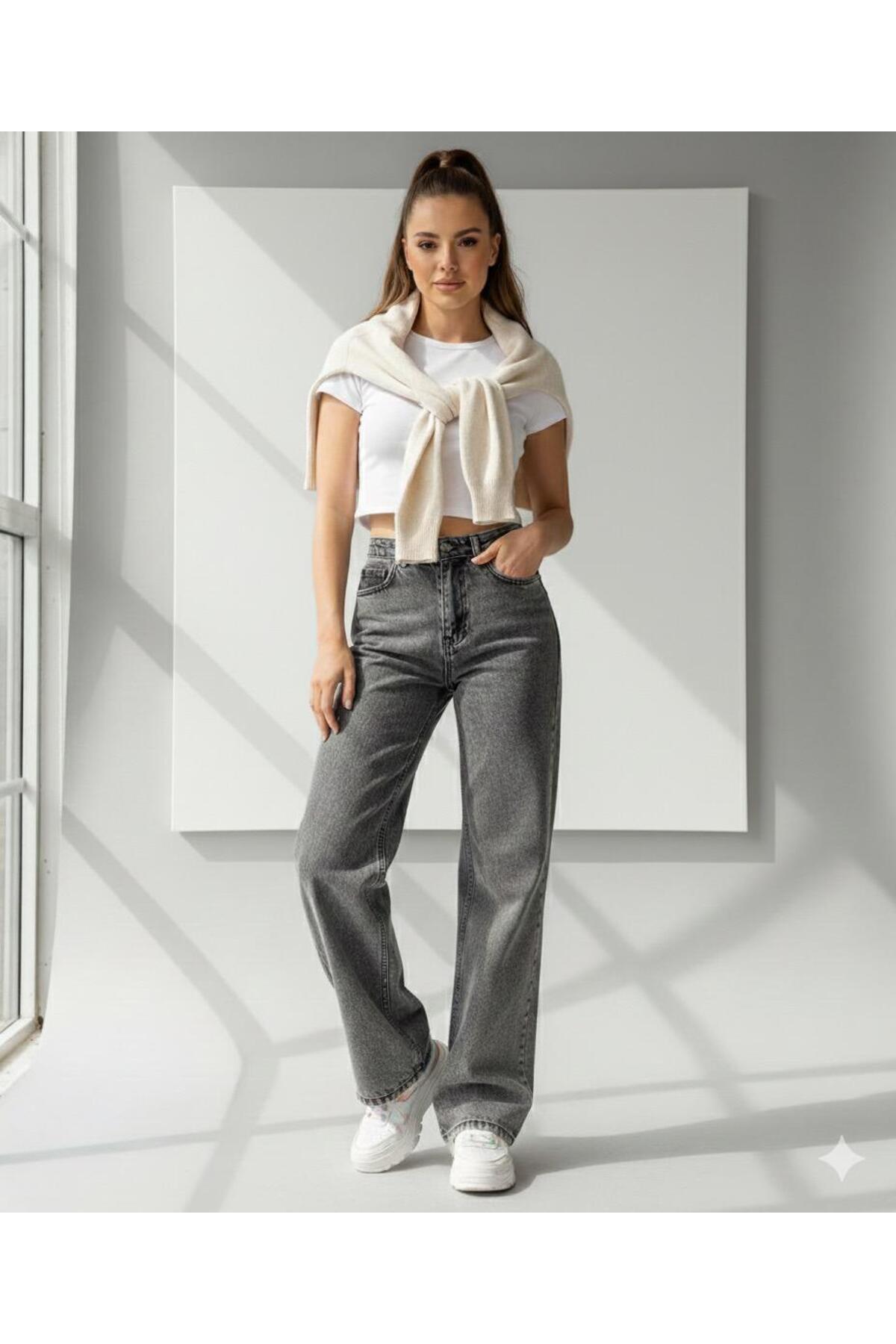 Olina High Waist Anthracite Palazzo Jeans Lycra Smoked Jeans