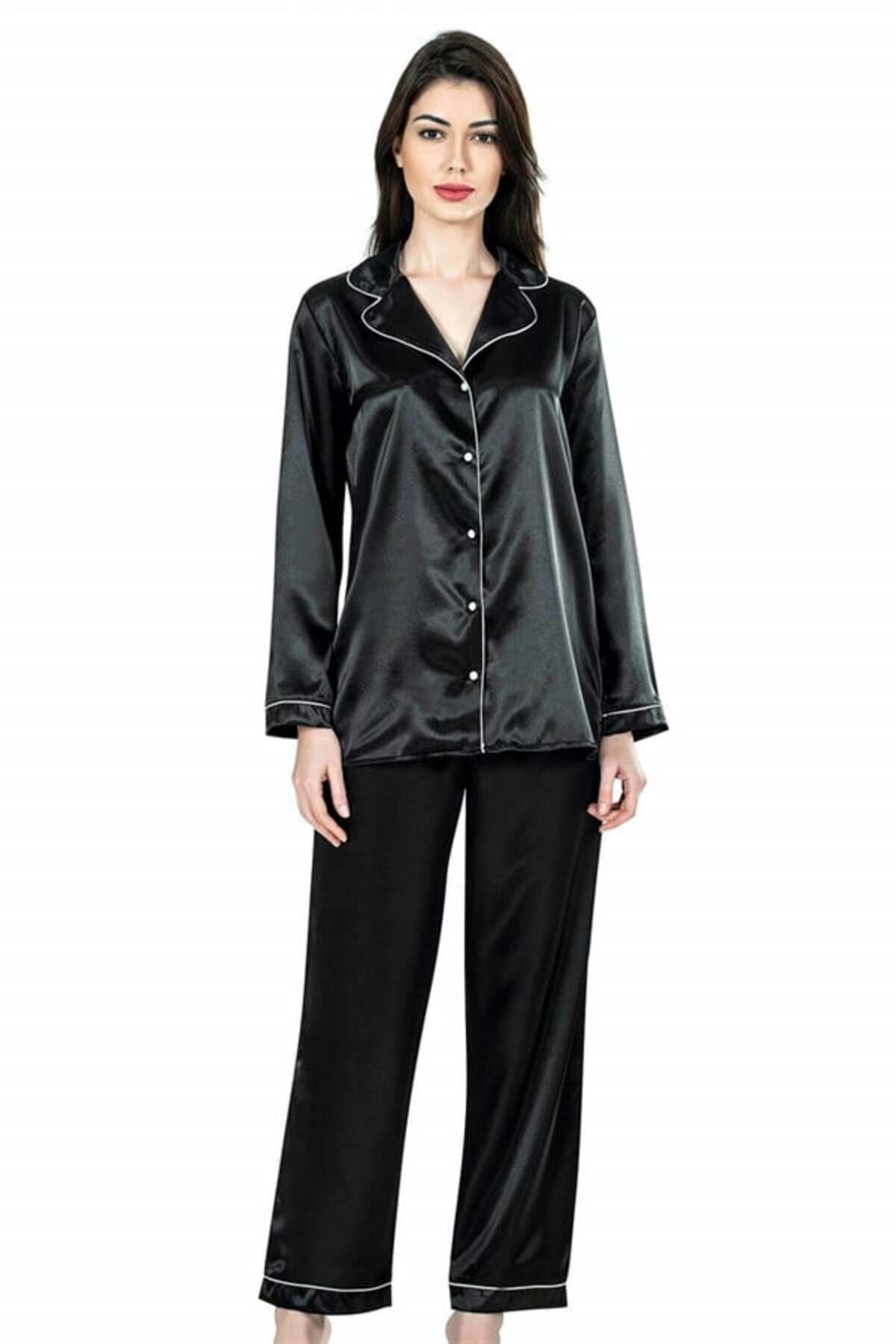 Motto10 butik Motto10butik Siyah İkili Saten Gecelik Pijama Takımı 7647