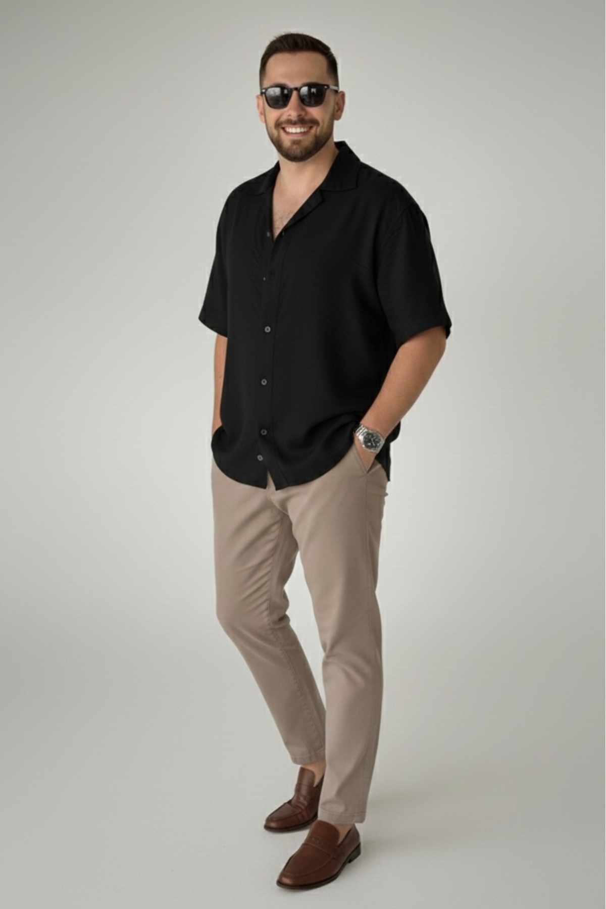 bb butik basic  Dökümlü keten dokulu kısa kol oversize gömlek SİYAH