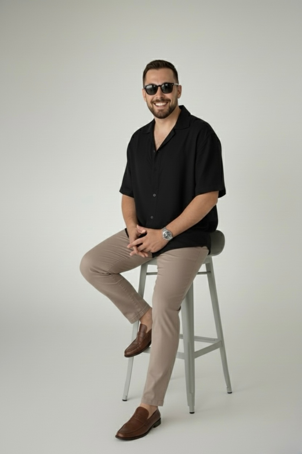 bb butik basic  Dökümlü keten dokulu kısa kol oversize gömlek SİYAH - Görsel 3