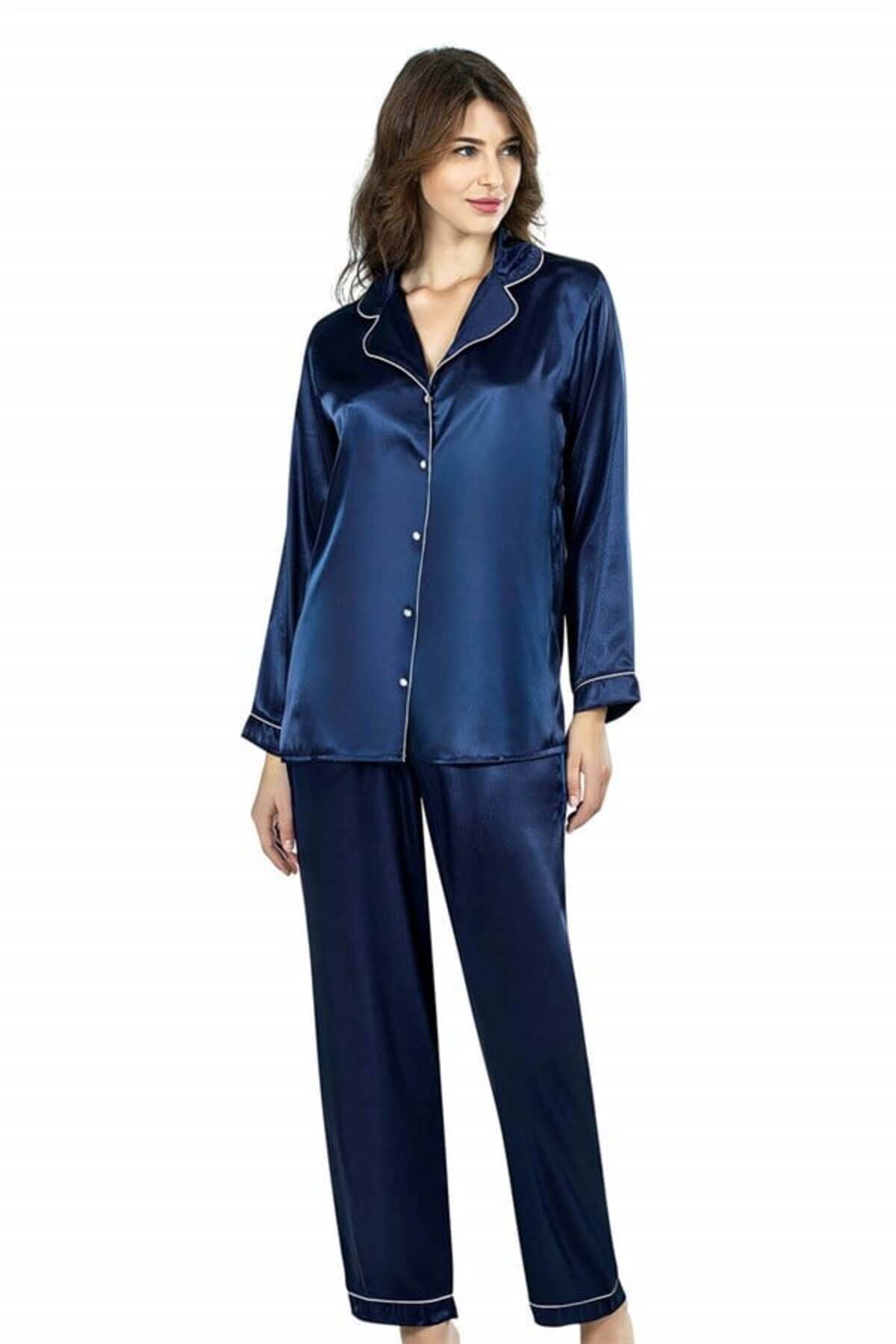 VOILE CLUB Lacivert İkili Saten Gecelik Pijama Takımı 7647