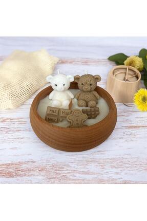 WAXERA Premium Dekoratif Ahşap Kaseli Soya Wax Mum Mini Ayıcık ve çikolata şı...