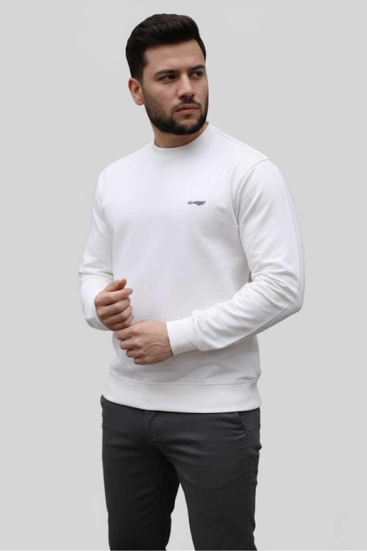 zeyra Men's Ecru Long-Sleeved Embroidered Crew Neck Sweatshirt