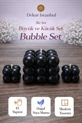 Dekor İstanbul Bubble Mum 3’lü Set Siyah | El Yapımı Doğal Soya Mumu | Dekora...