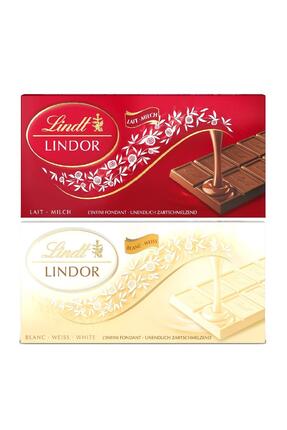 Lindt Lindor Sütlü & Beyaz Çikolata Tablet 100g x 2’li Paket Yumuşak Dolgulu ...