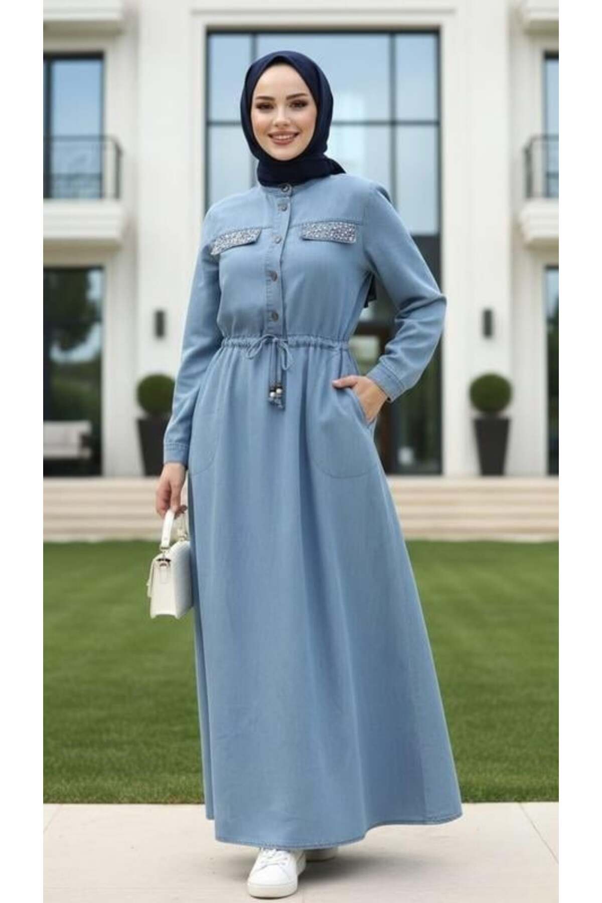 Hb Harma Time Butik  Kadın Taş İşlemeli Düğmeli Açık Mavi Kot Elbise - Görsel 4