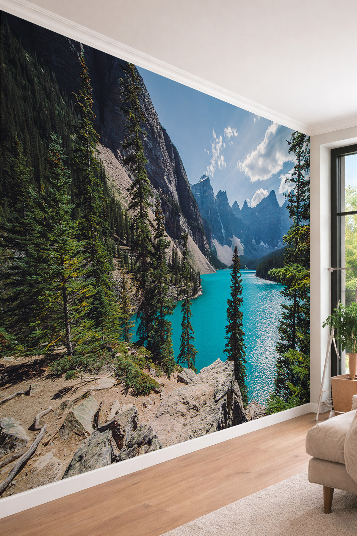 Alpine Lake and Pine Forest View - 3D Nature Themed One Piece Textile Wallpaper
