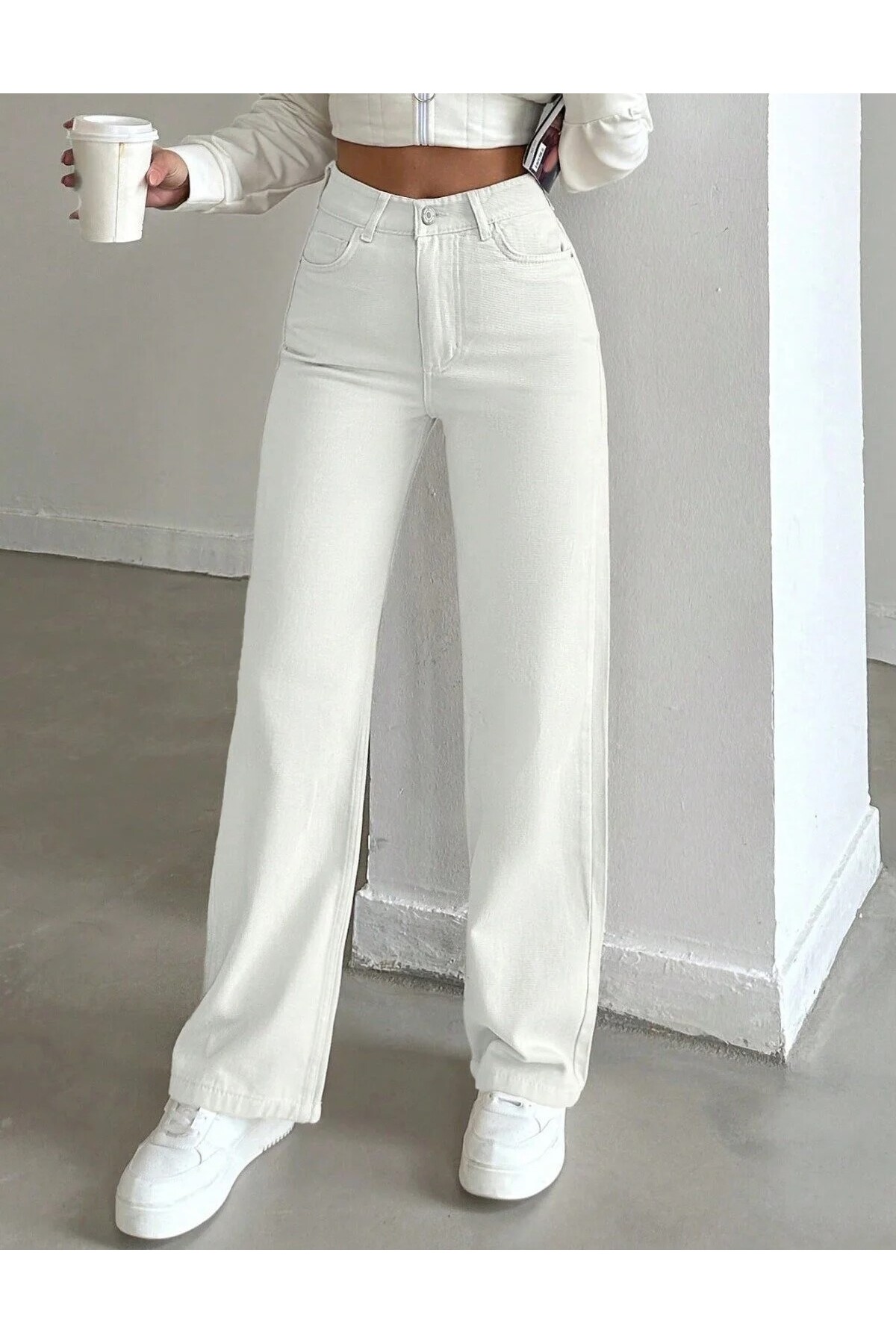 KENE JEANS Visok struk BELI Lan Široke nogavice PUNI PANTALONI