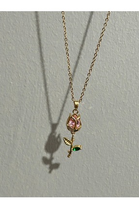 SEO JEWELRY Sevgililer Gününe Özel Pembe Gül Figürlü Çelik Kolye
