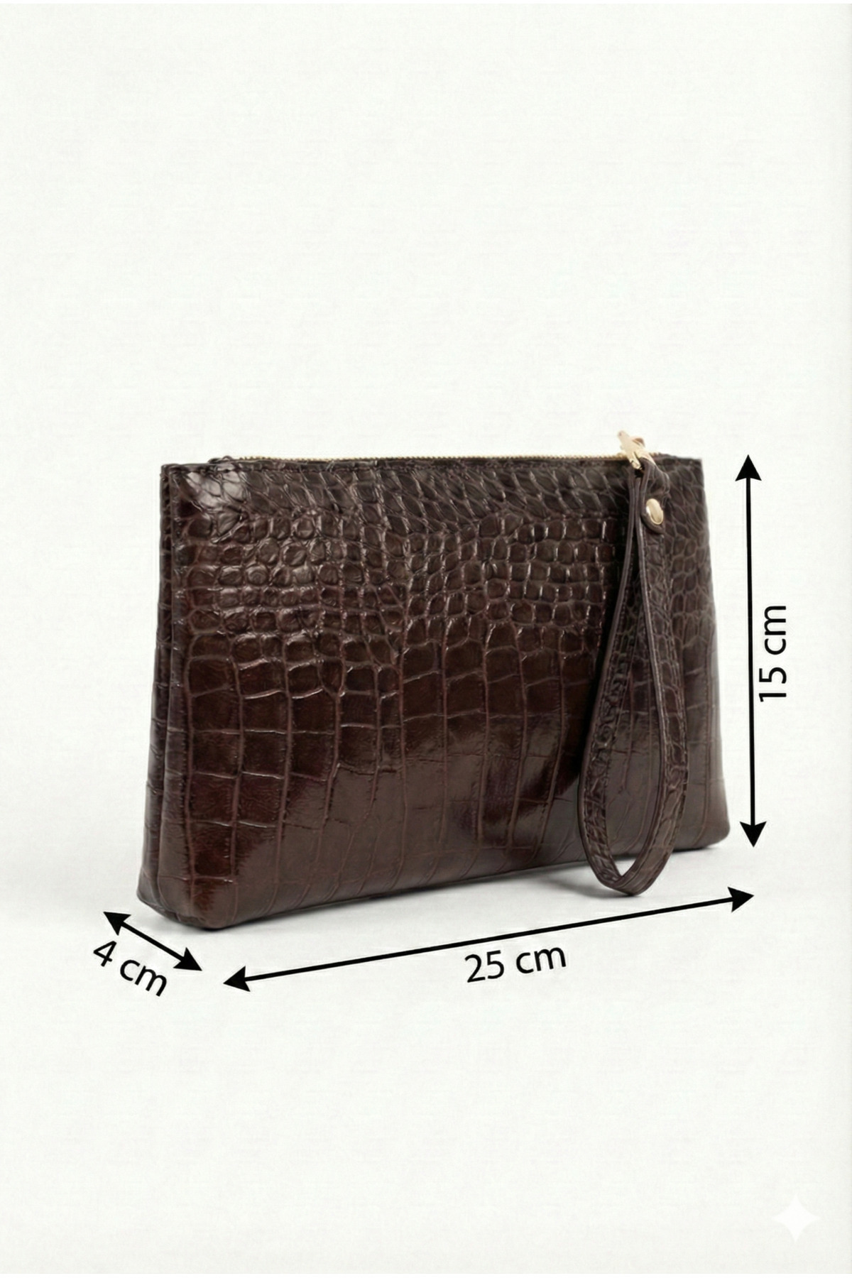 PurpleART Kadın Koyu Kahve Kroko Desenli Bilek Askılı Portföy & El Çantası - Şık Fermuarlı Clutch görsel 2