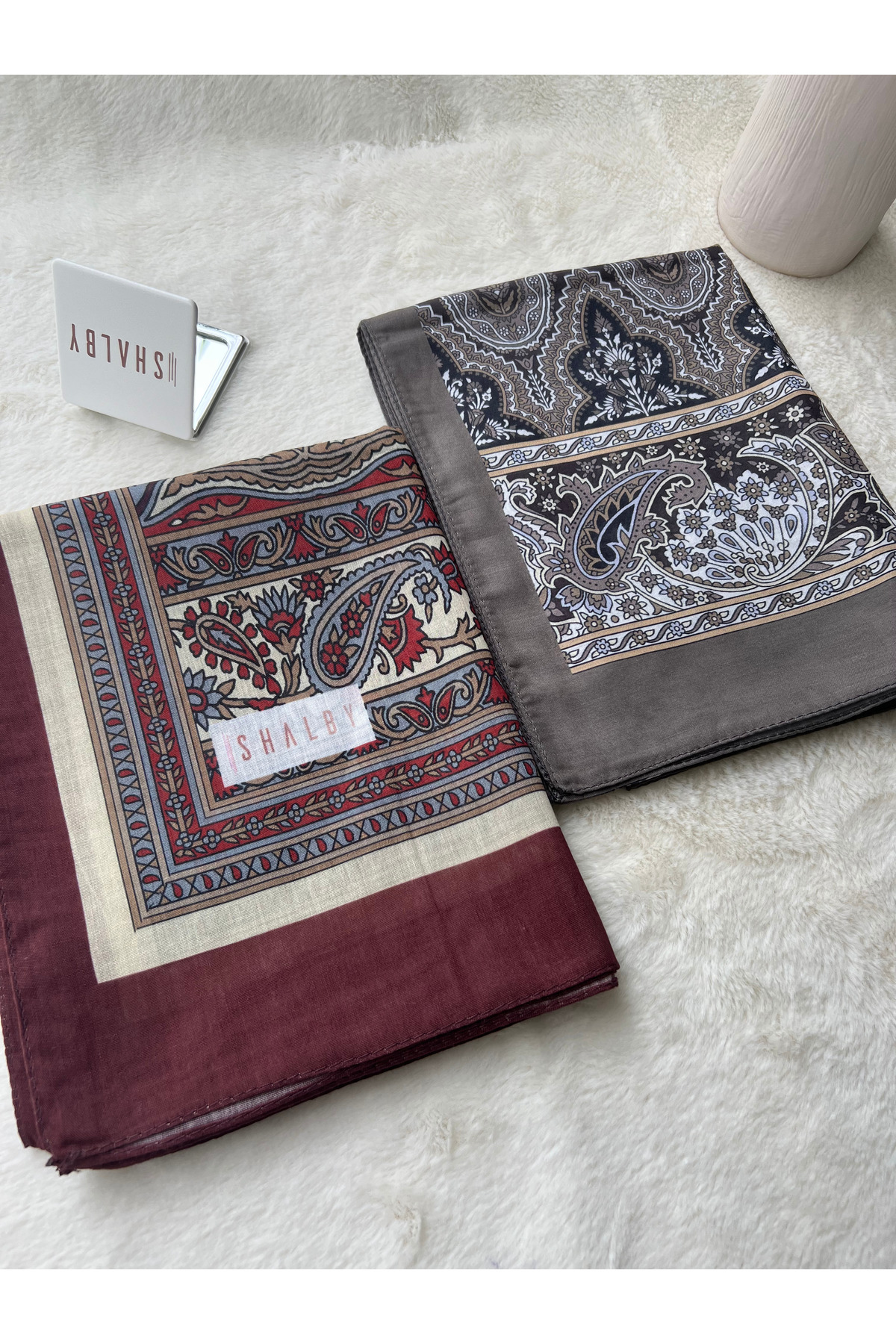 Hijab Ethnic Patterned Cotton Shawl 2-Piece Set and Makeup Mirror (Burgundy-Khaki)