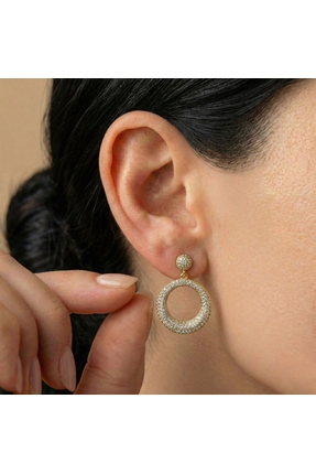 AccessoriesCınCık Çelik Küpe Gold Renk Halka Detaylı Taşlı Sallantılı Kadın Küpe