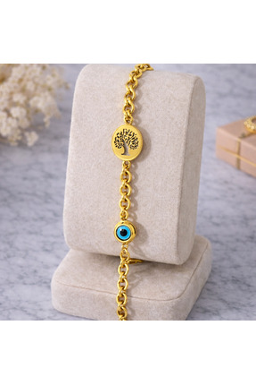 Takium Hayat Ağacı & Nazar Detaylı Gold Ve Gümüş Paslanmaz Çelik Kadın Bileklik