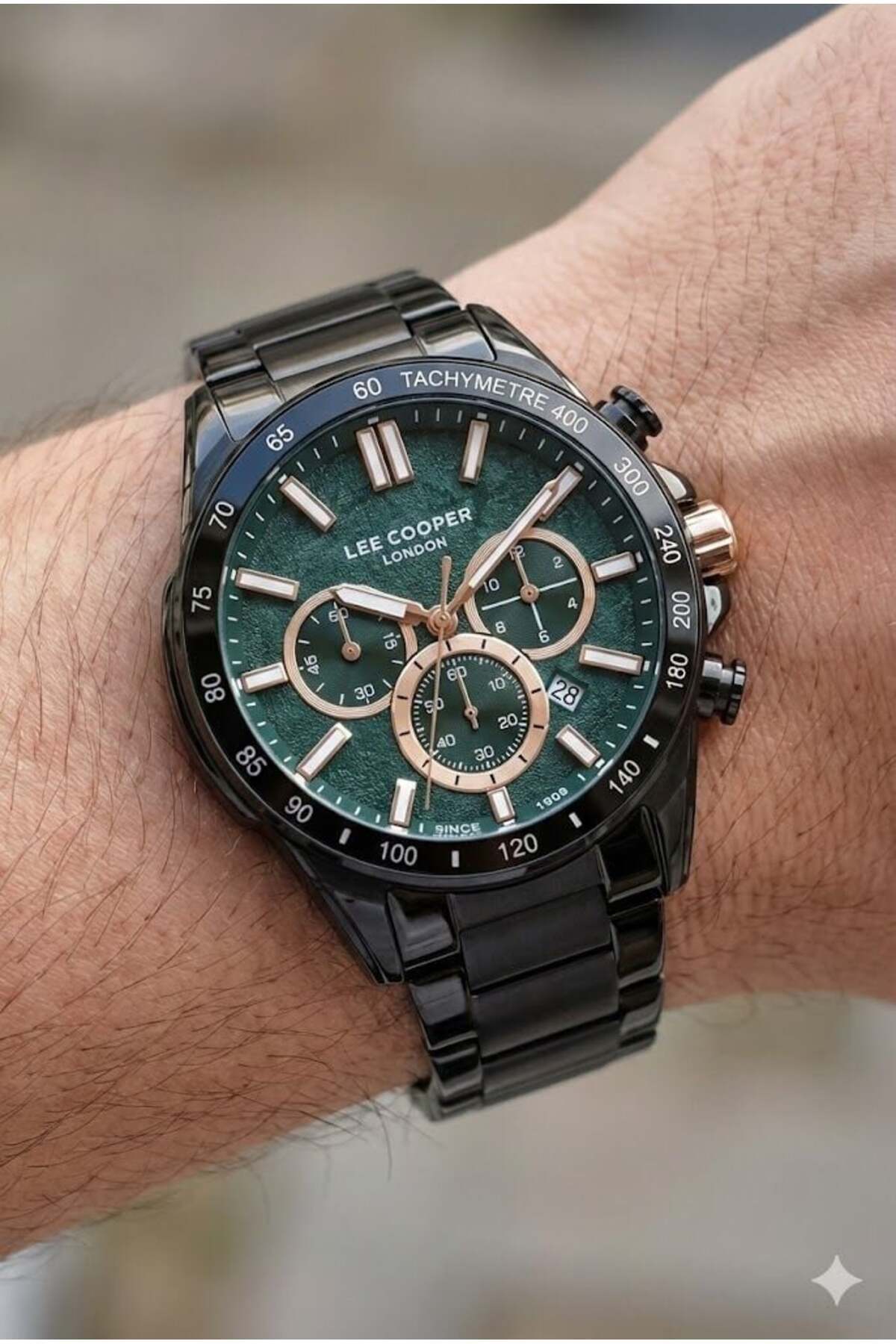 Lee Cooper 42mm Çelik Kasa, Yeşil Kadran, Çelik Kordon, Spor Erkek