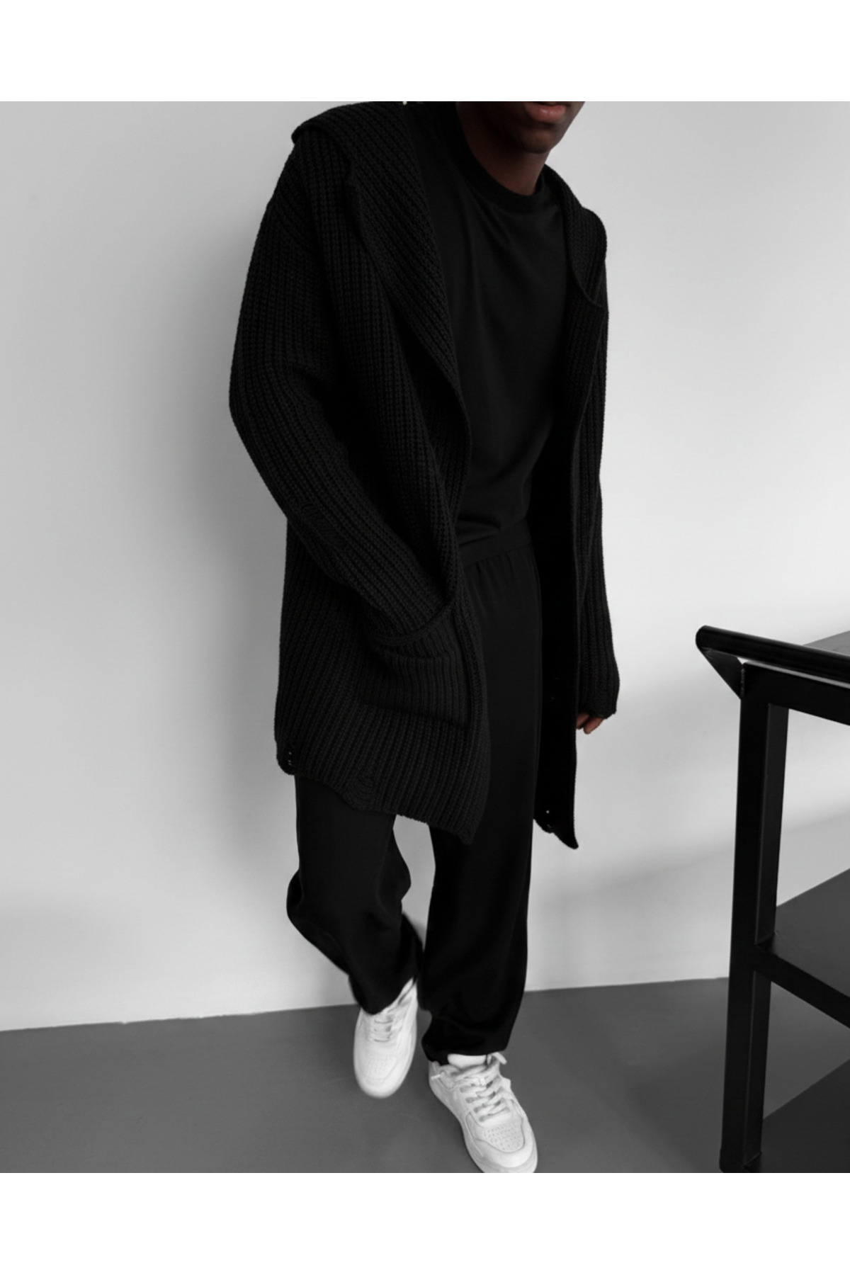 Premium Oversize Selanik Örgü Erkek Hırka - Kapüşonlu Bornoz Yaka Uzun Triko Hırka — مشکی 116-HIRKA-DEK — تصویر 4 از 4