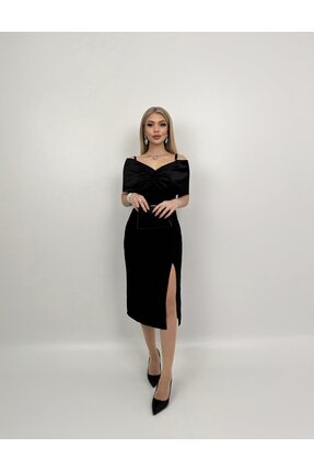 Miss Janell Siyah Fit & Düz Elbise Omzu Açık