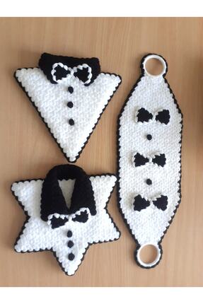 Meyra Home Çeyizlik Hediyelik El Örgüsü 3'lü Siyah Beyaz Damat Lif Seti