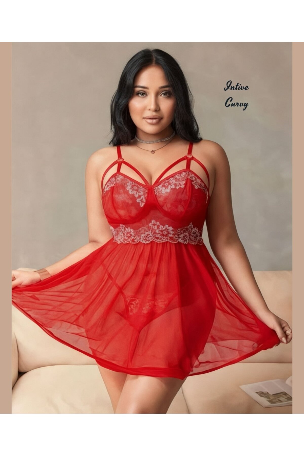 İntive Lingerie Intive Curvy Büyük Beden Çiçek Desenli Dantelli Transparan Feminen Gecelik