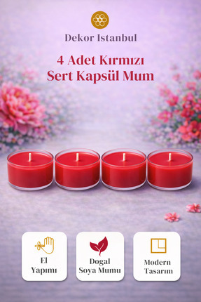 Dekor İstanbul 4 Adet Kırmızı Sert Kapsül Mum | El Yapımı Doğal Soya Mumu Mod...