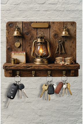 Time in a Tin 2D Ahşap Duvar Askısı Anahtarlık Retro Gaz Lambası Dekoratif Du...