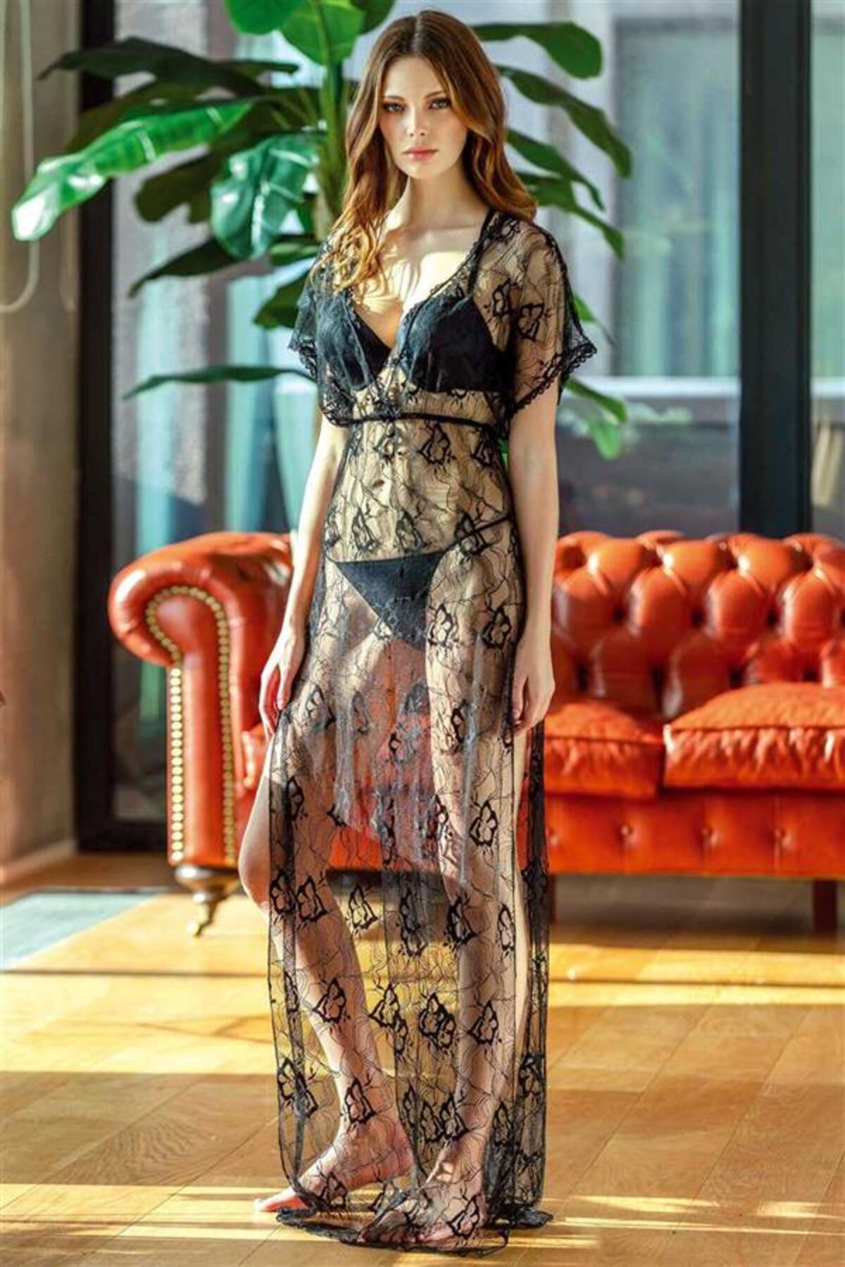 Motto10 butik Motto10butik Dantelli Gecelik Balenli Destekli Dolgulu Önden Açılan Sütyen ve String 3'lü Takım