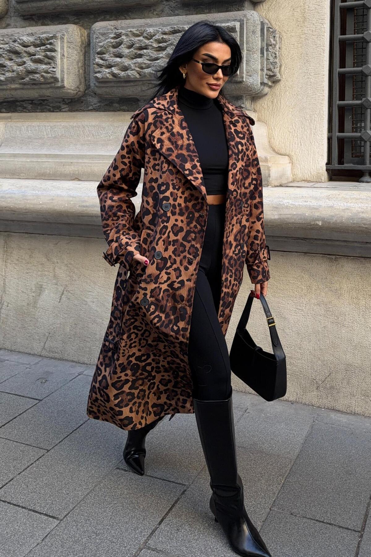 Lijuri  Leopar Desenli Kuşaklı Trenç 7137 - Görsel 4