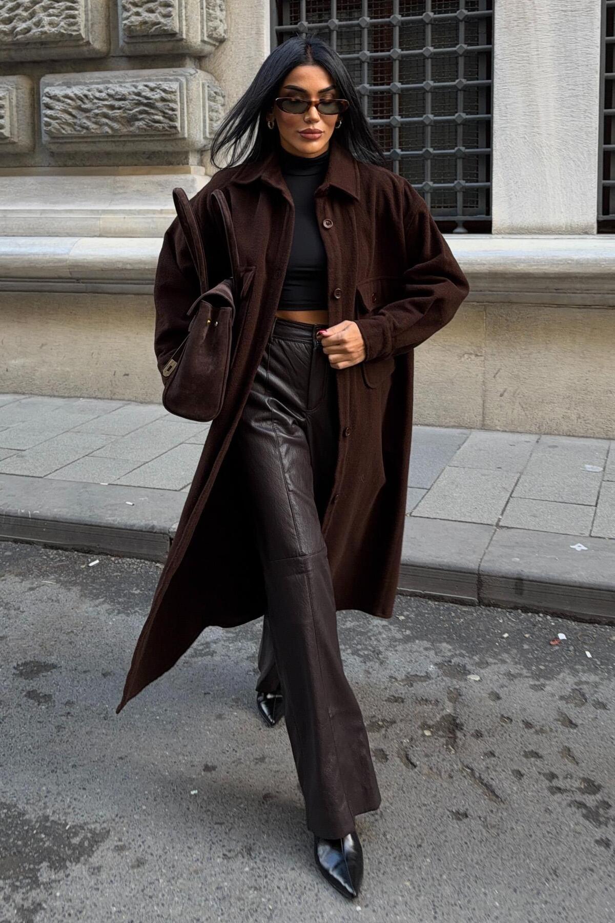 Lijuri  Oversize Cepli Düğmeli Uzun Kaşe Gömlek 7131 - Görsel 3