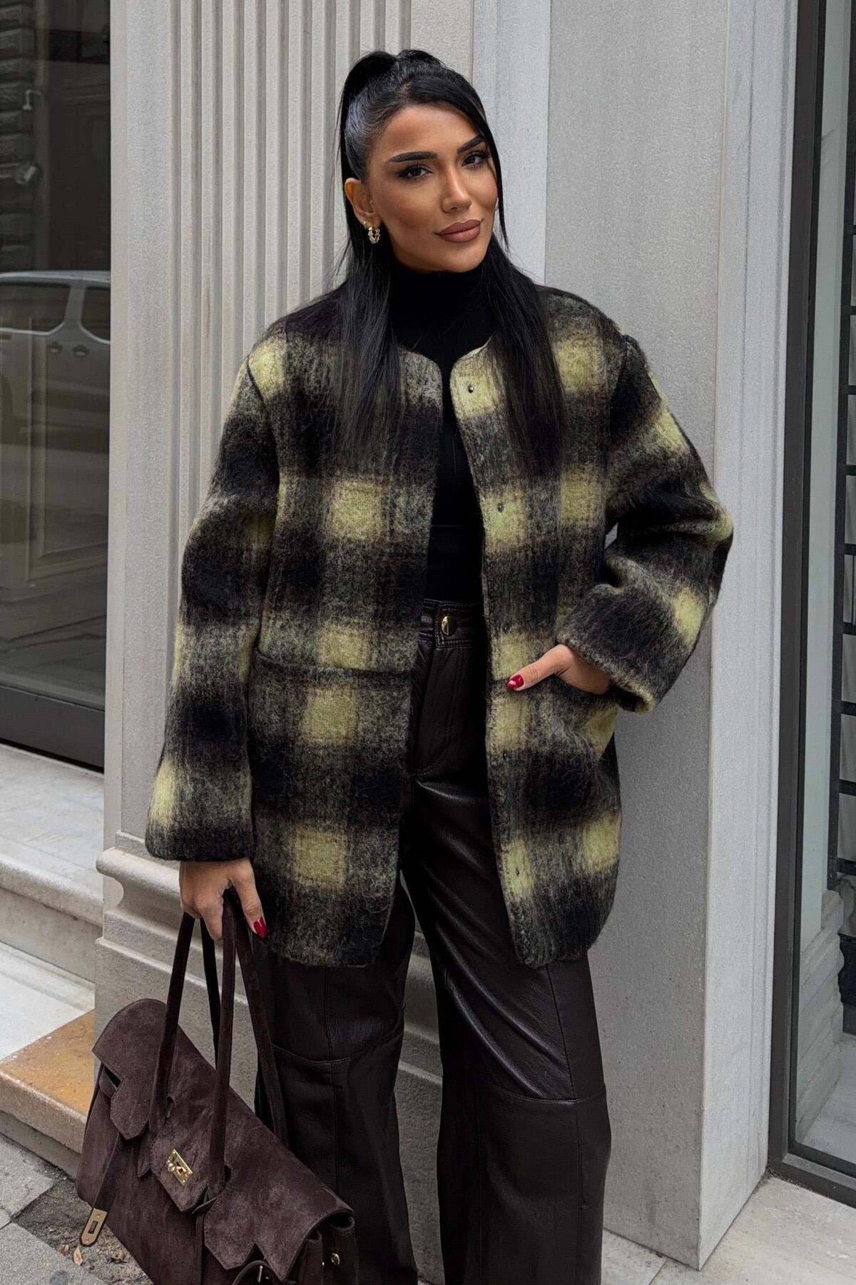 Lijuri  Yuvarlak Yaka Ekose Desenli Tüylü Mont 7140 - Görsel 6