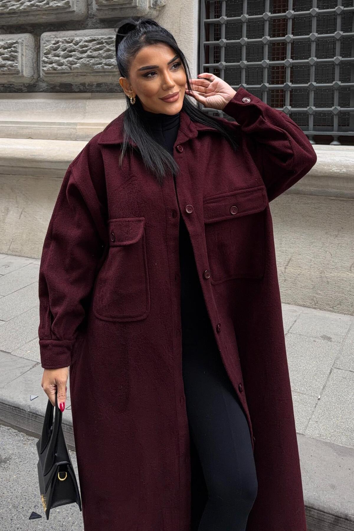 Lijuri  Oversize Cepli Düğmeli Uzun Kaşe Kaban 7131 - Görsel 4