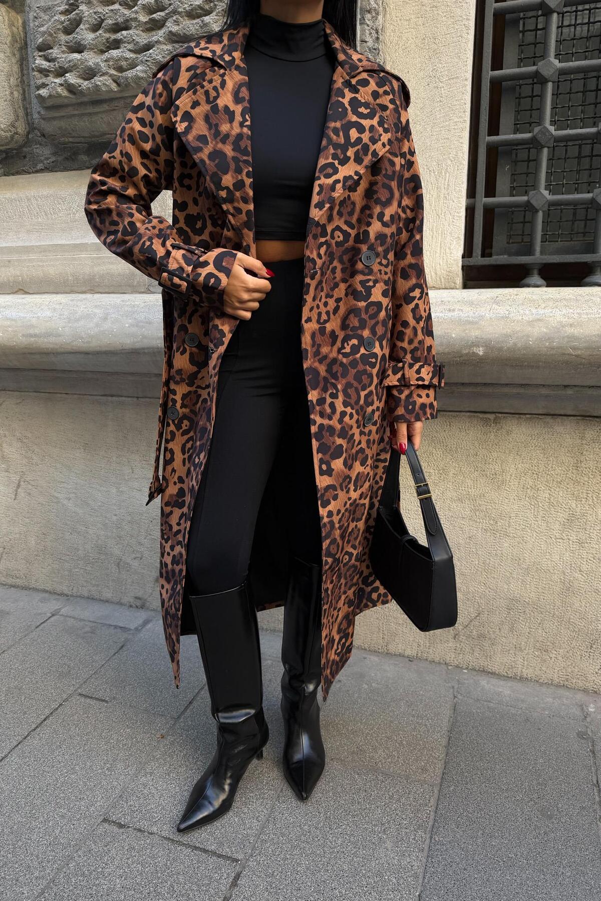 Lijuri  Leopar Desenli Kuşaklı Trenç 7137 - Görsel 7