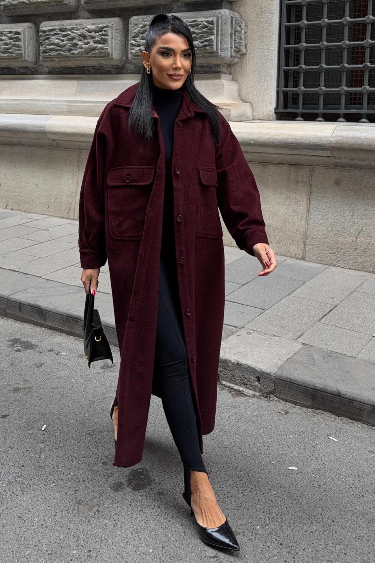 Lijuri  Oversize Cepli Düğmeli Uzun Kaşe Kaban 7131 - Görsel 3