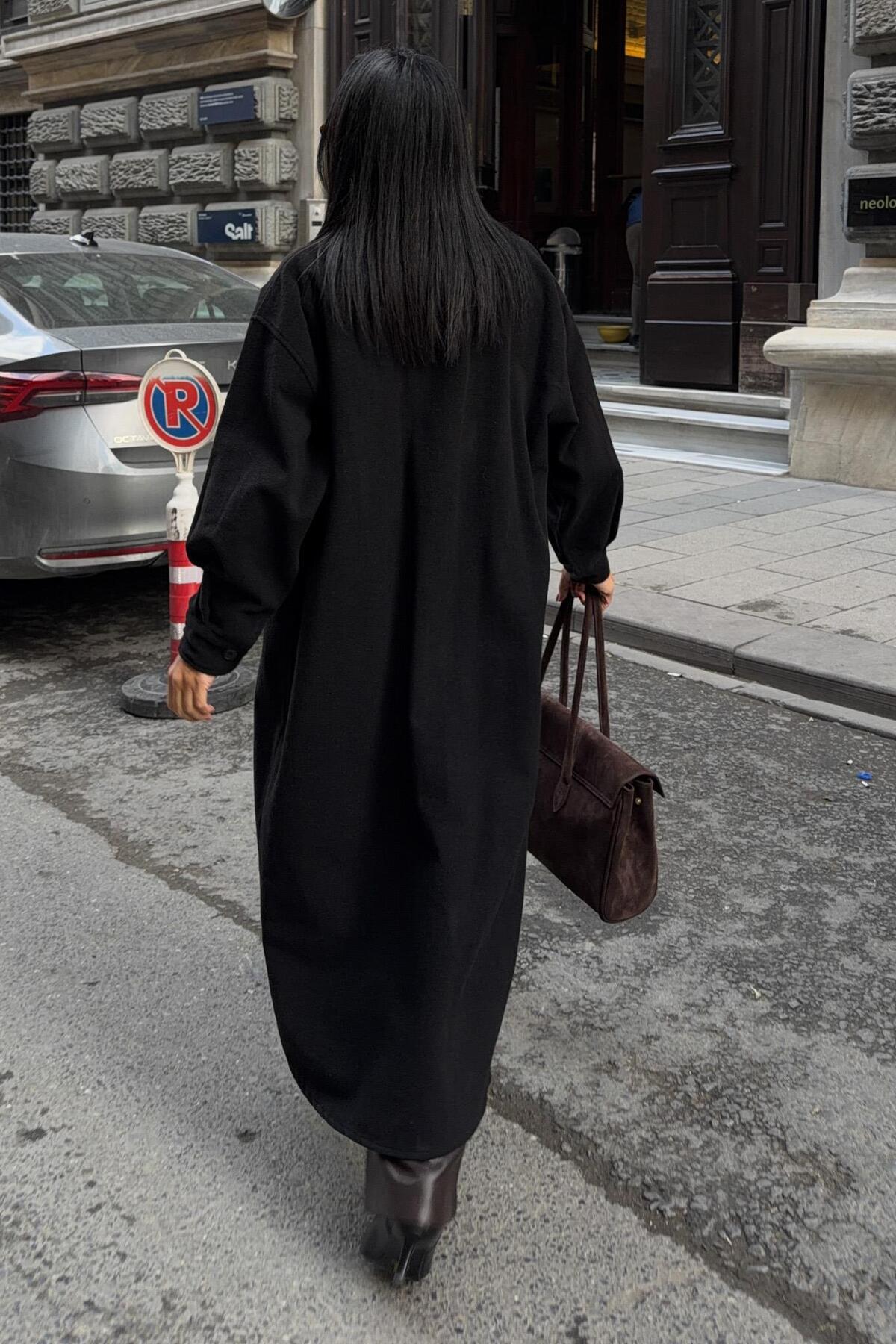 Lijuri  Oversize Cepli Düğmeli Uzun Kaşe Kaban 7131 - Görsel 7