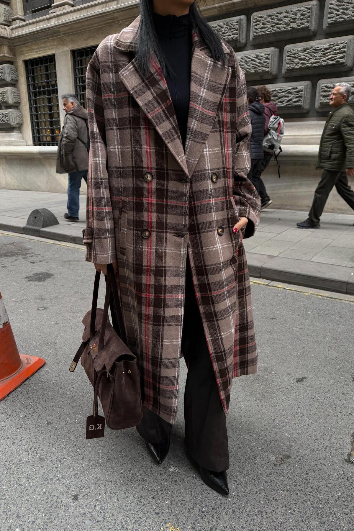 Lijuri  Çift Düğme Kapamalı Ekose Desenli Kaşe Kaban 7141 - Görsel 4